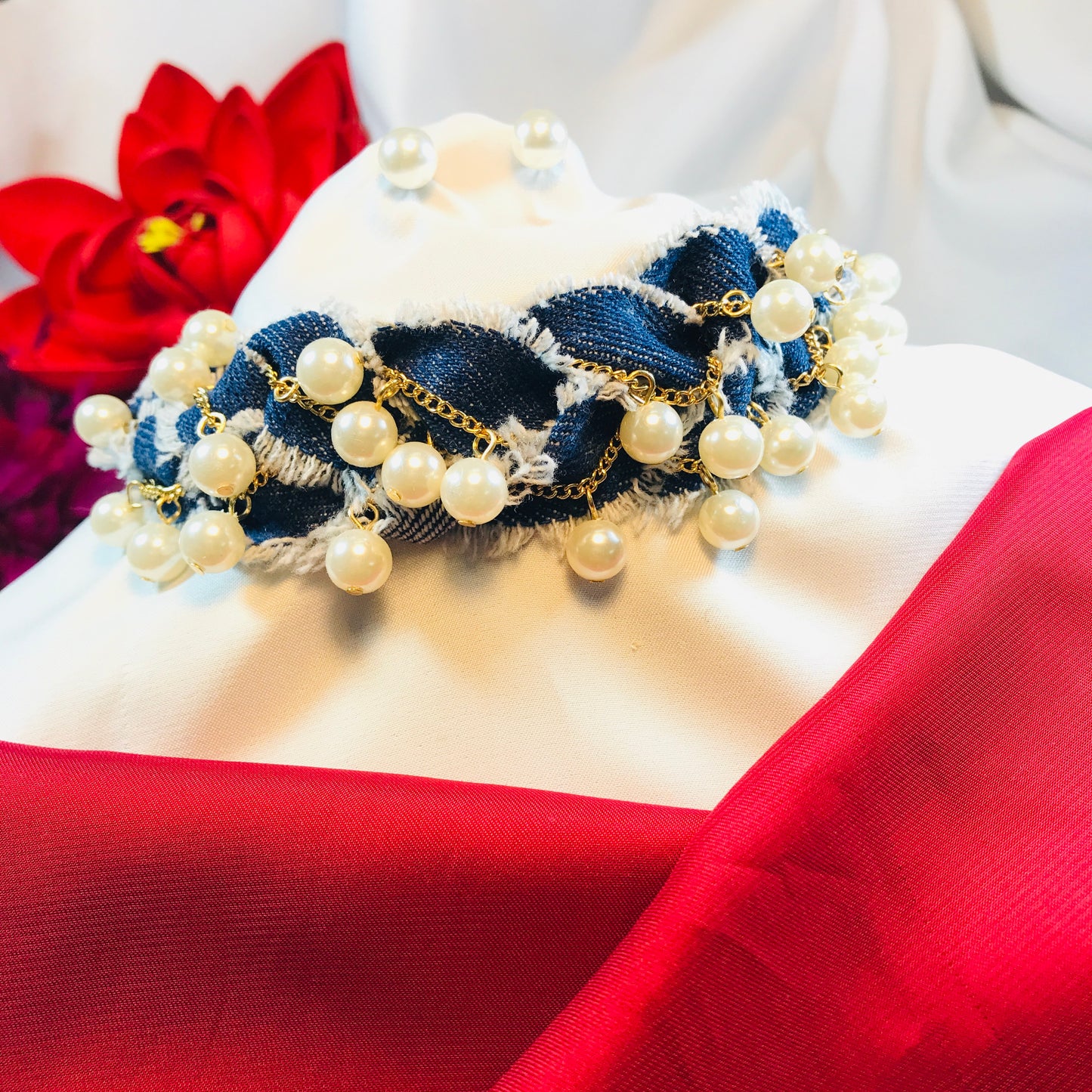 Denim  Pearl Choker