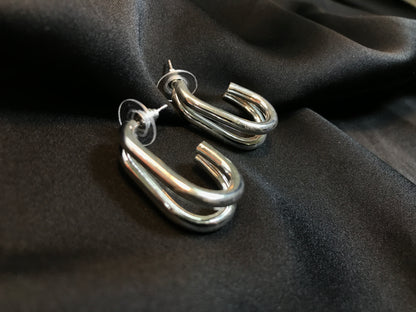 Silver Double Line Oval Hoop