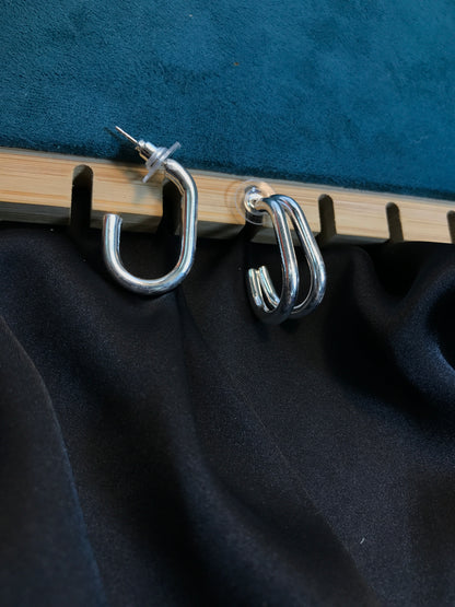 Silver Double Line Oval Hoop