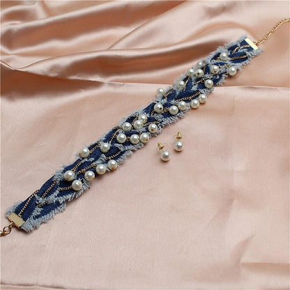 Denim  Pearl Choker